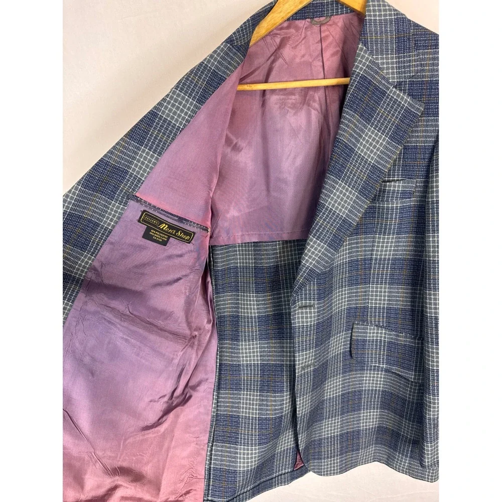 Vintage‎ Zellers Mens 40R  Shop Blue Grey Plaid Wool Blend Blazer Sport Coat 70s
